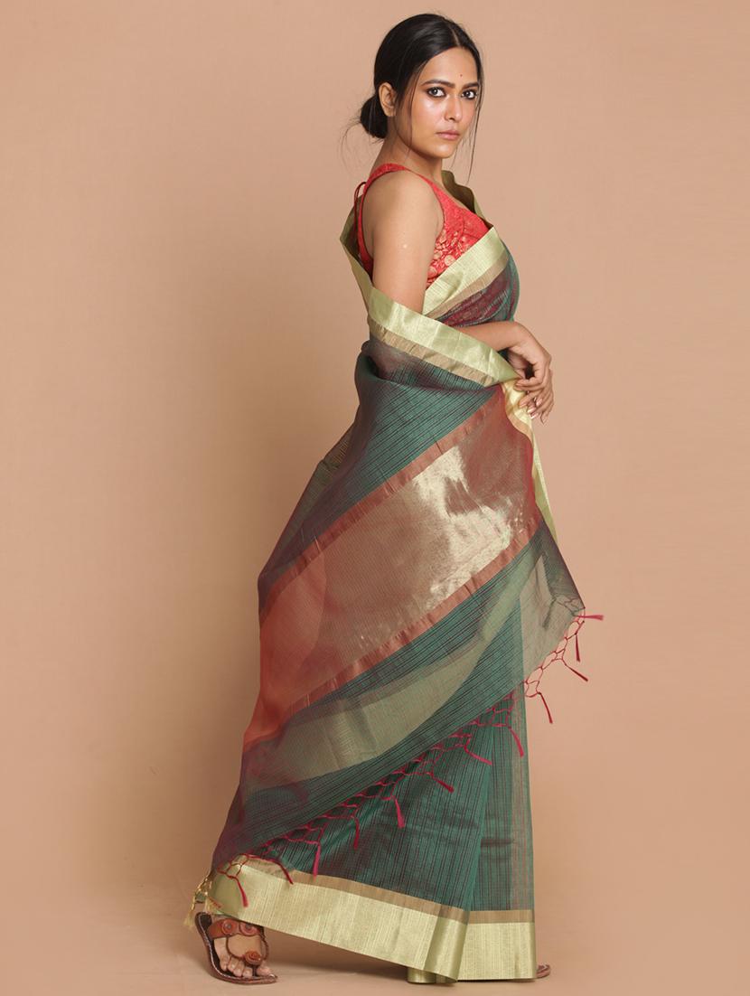green poly blend banarasi saree with blouse - 21271442 - Standard Image - 1
