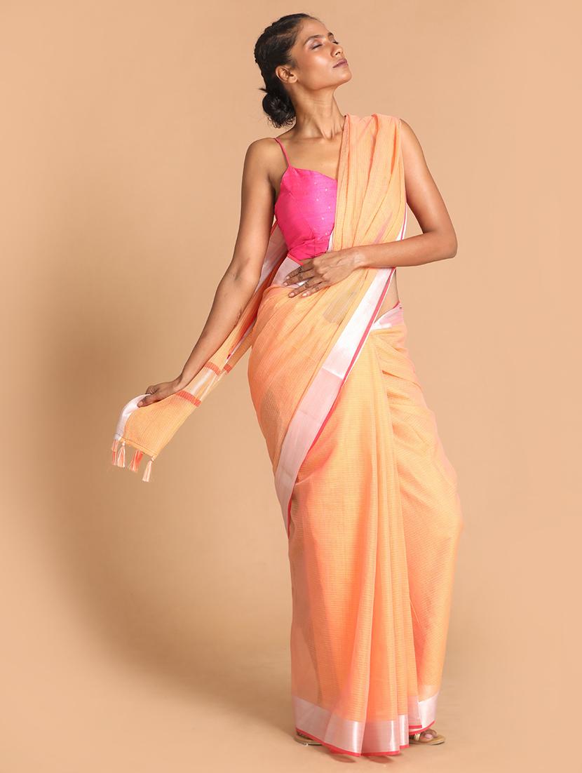 coral silk blend kota doria saree with blouse - 21271596 -  Standard Image - 1