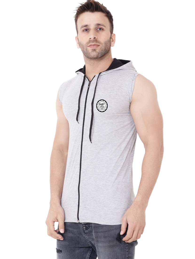 men plain sleeveless hood neck t-shirt - 21274914 - Standard Image - 1