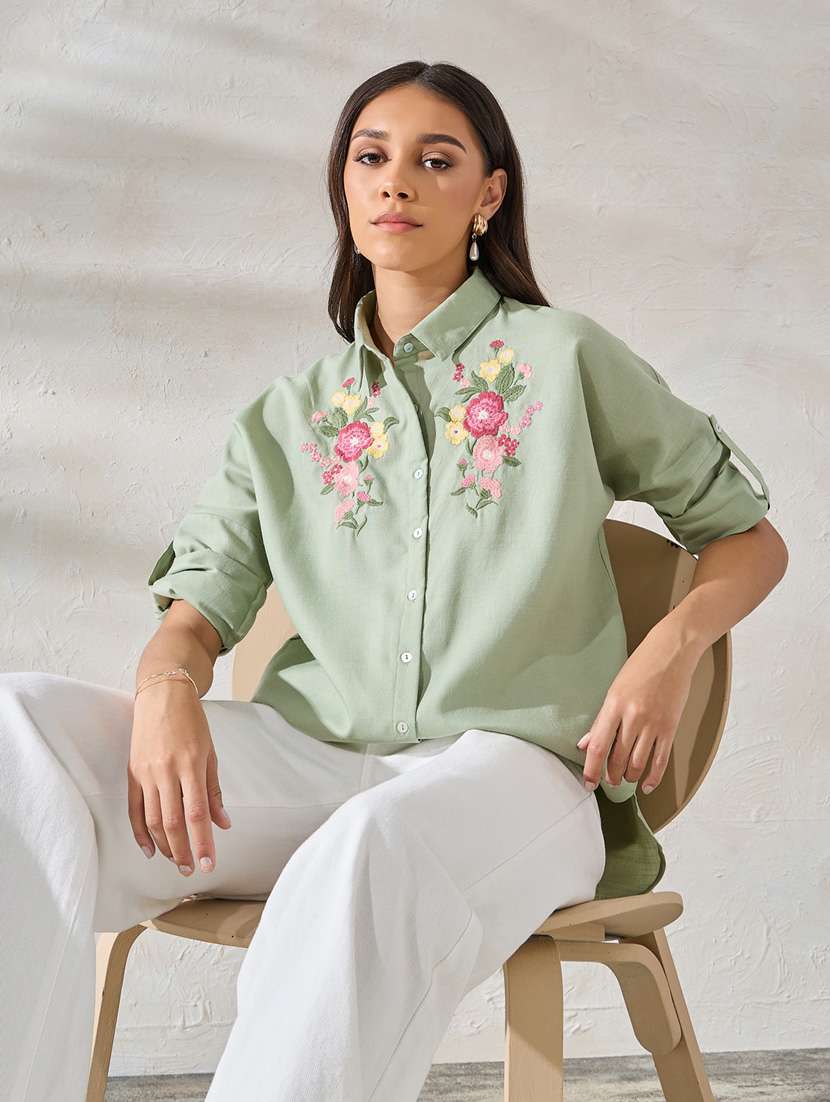 women green spread collar oversized shirt - 21275987 -  Standard Image - 1