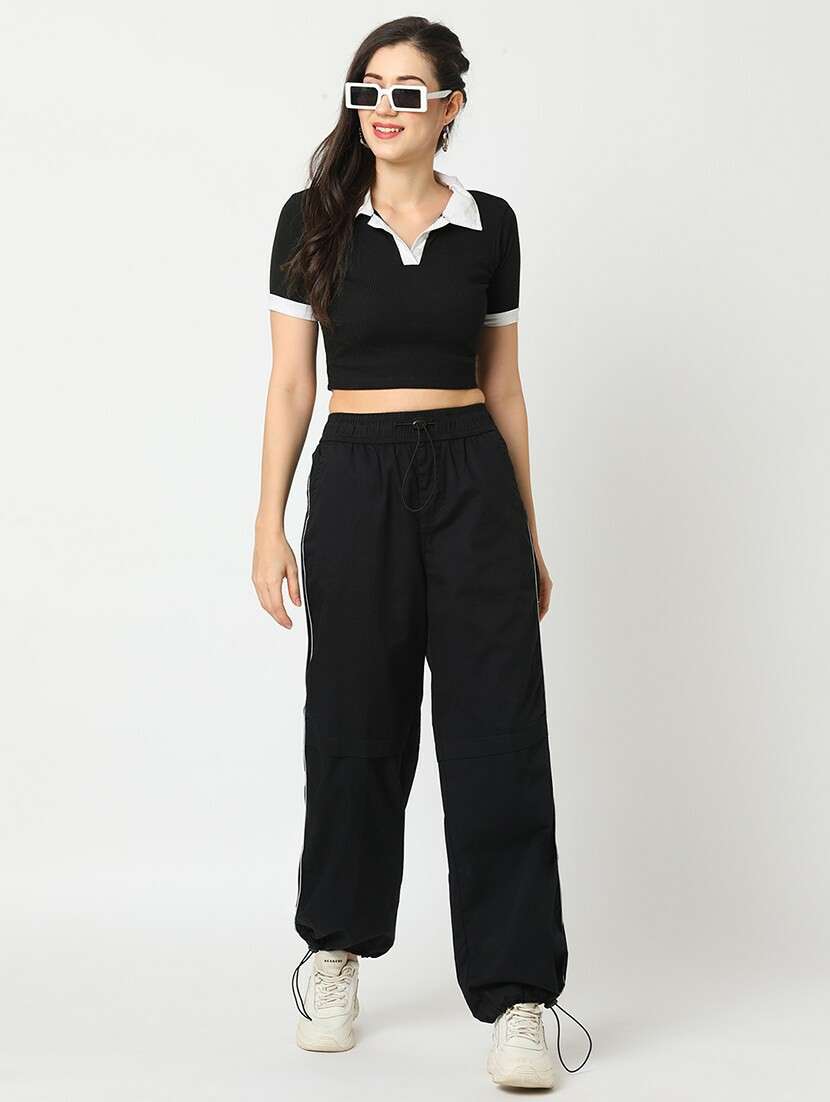 globus women black washed cargo with contrast piping and adjustable toggle