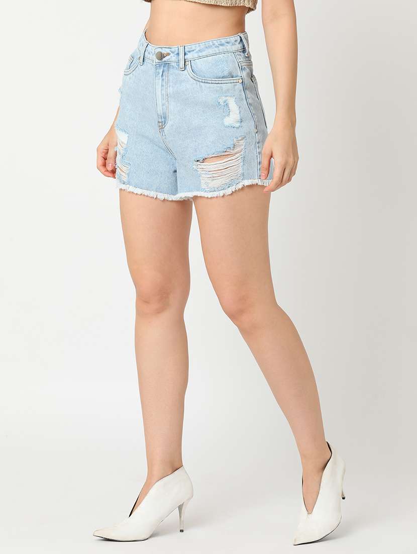 globus women light blue mid rise washed distressed denim shorts - 21276141 -  Standard Image - 1