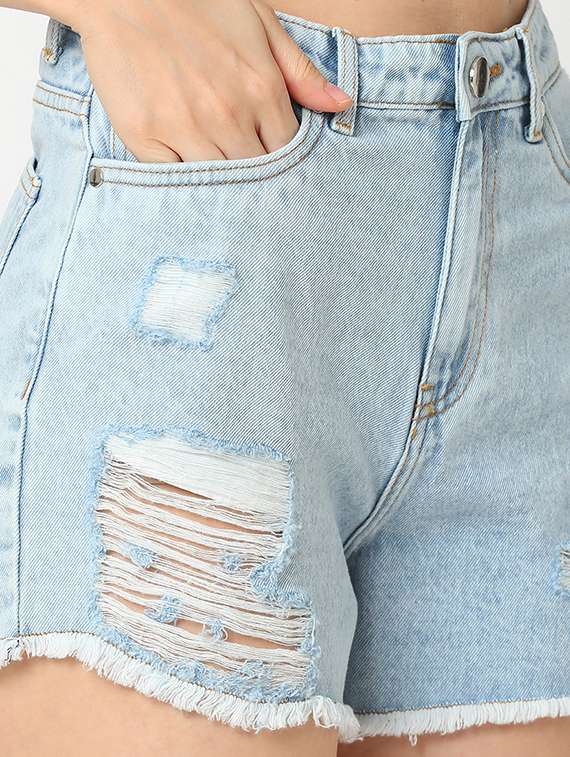 globus women light blue mid rise washed distressed denim shorts - 21276141 -  Standard Image - 4