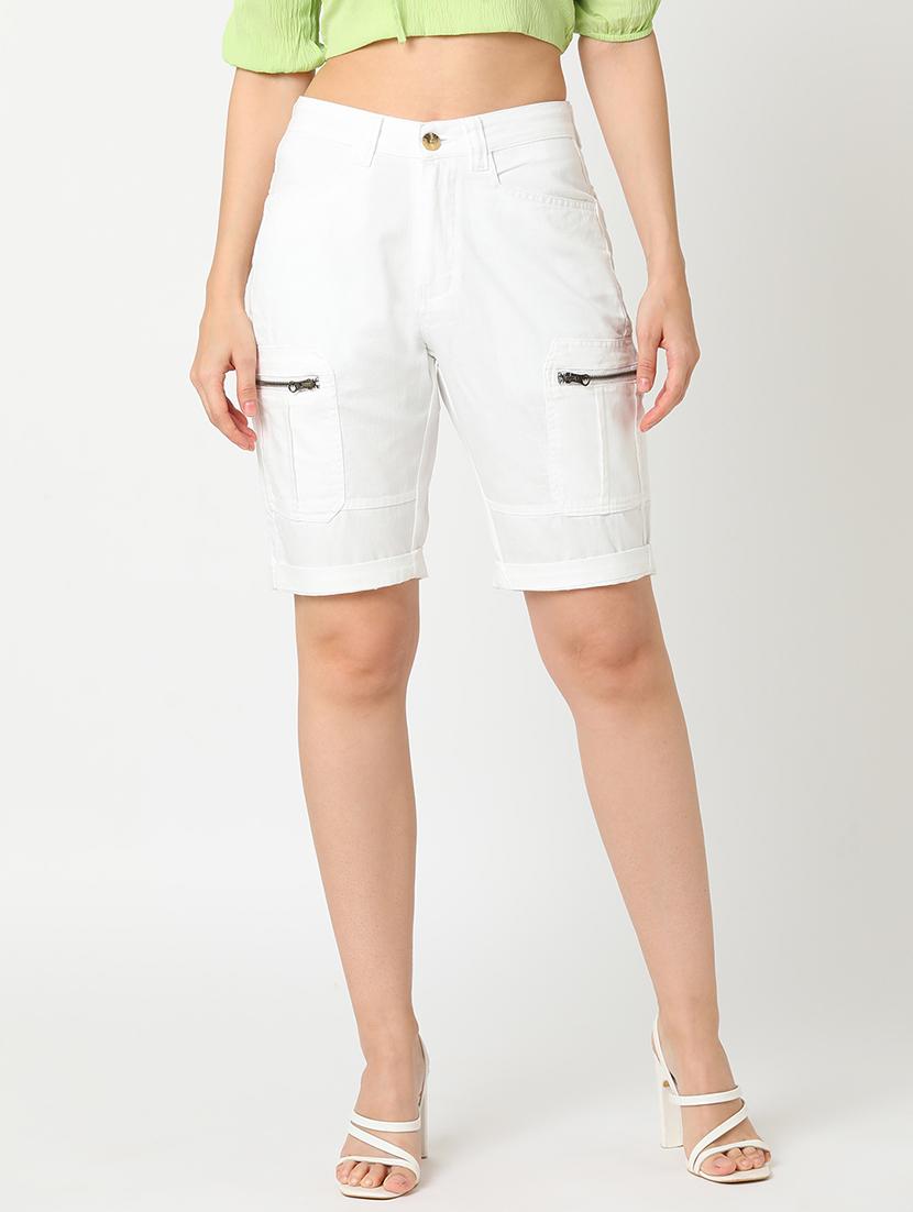 globus women white stretchable mid rise slim fit washed cargo shorts - 21276143 - Zoom Image - 0