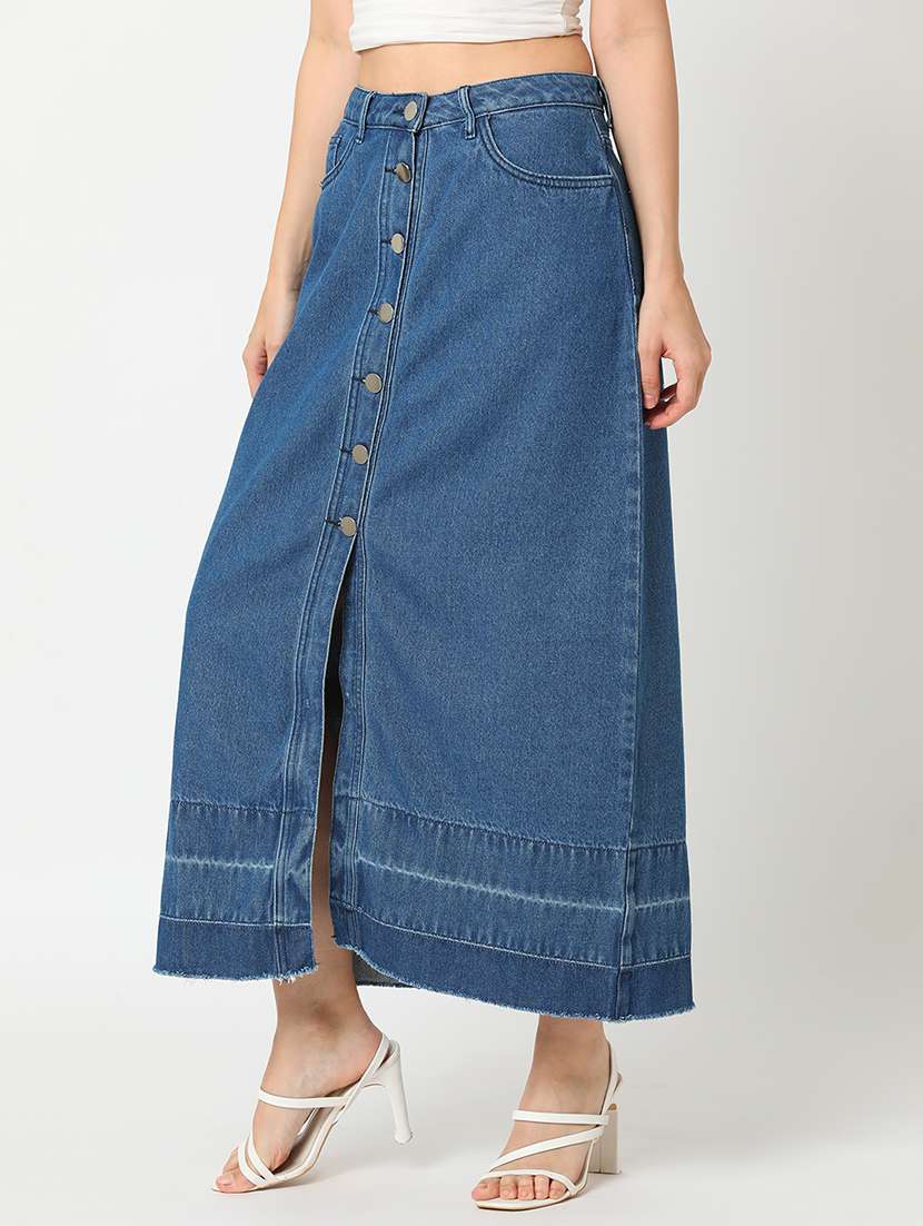 globus women med blue washed denim front slit a-line midi skirt - 21276147 -  Standard Image - 1