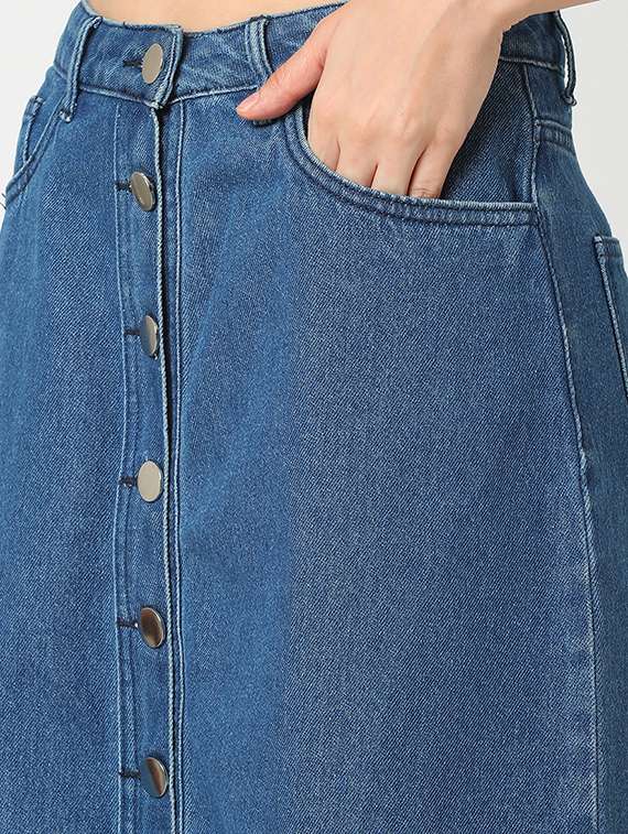 globus women med blue washed denim front slit a-line midi skirt - 21276147 -  Standard Image - 4