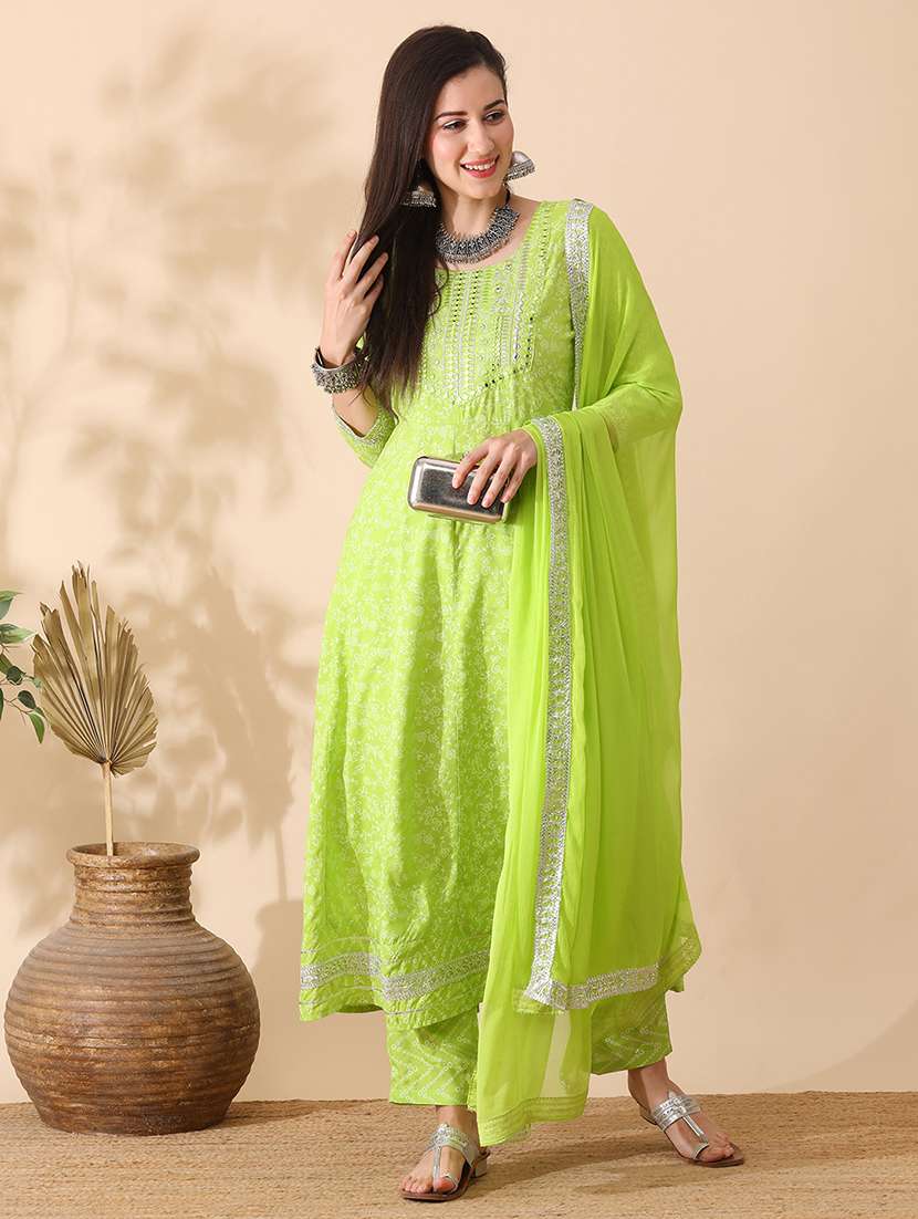 globus women green floral printed anarkali festive kurta with narrow pant & dupatta set