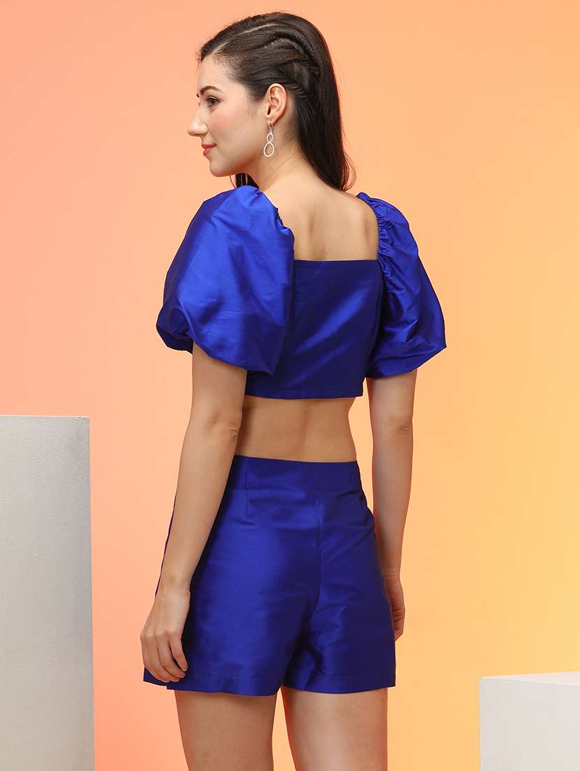 globus women blue balloon sleeve crop top with mini skorts party co-ord set - 21276156 -  Standard Image - 1