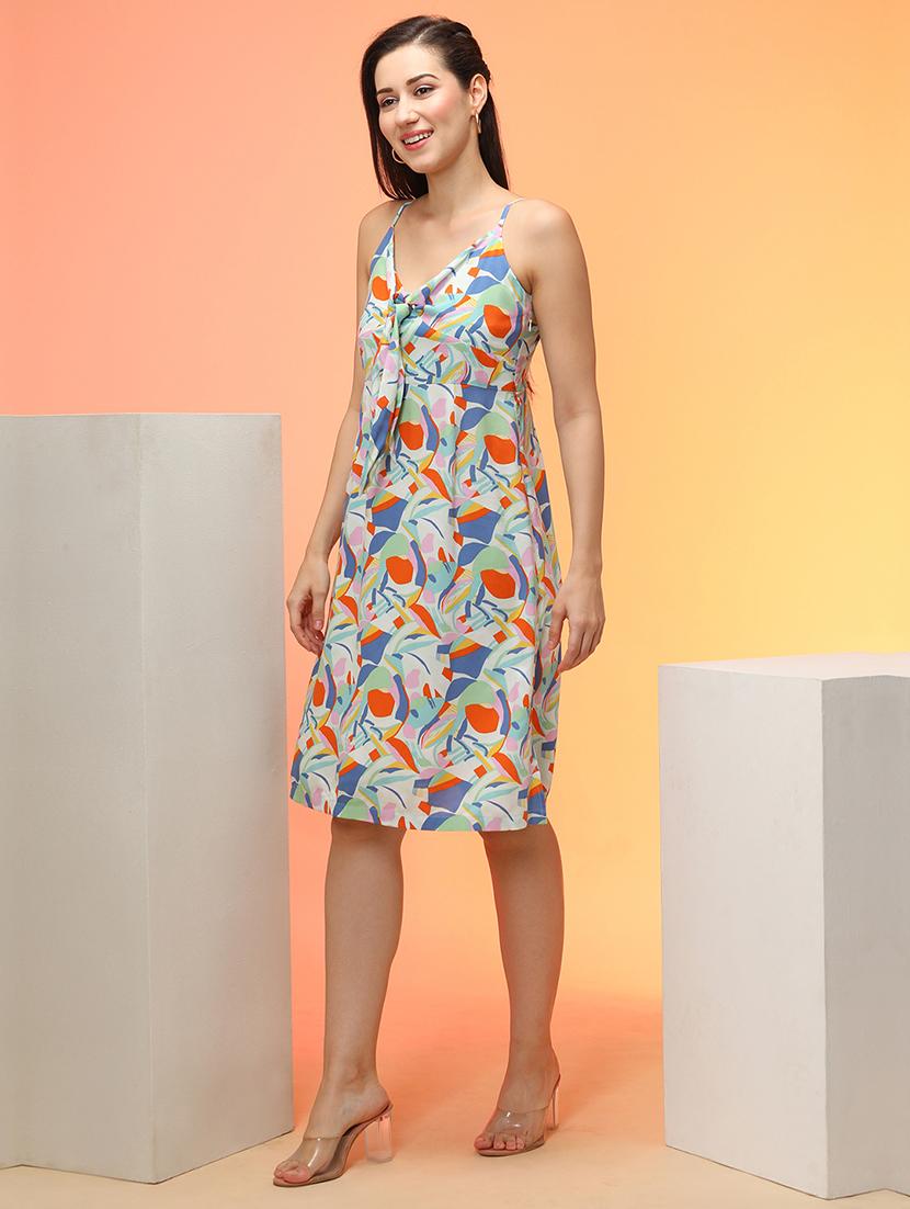globus women multi abstract print knee-length a-line dress with tie-up neck - 21276164 -  Standard Image - 1