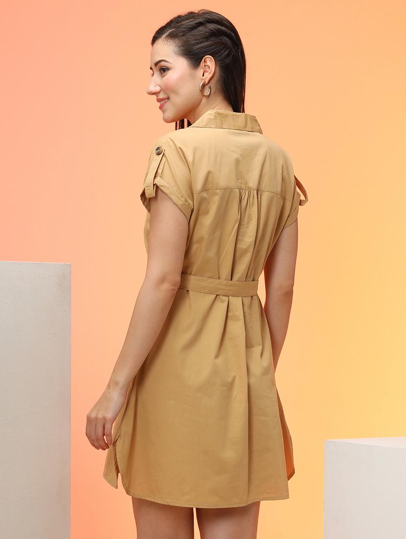 globus women khaki utility inspired curved hem workwear shirt dress with belt - 21276165 -  Standard Image - 1