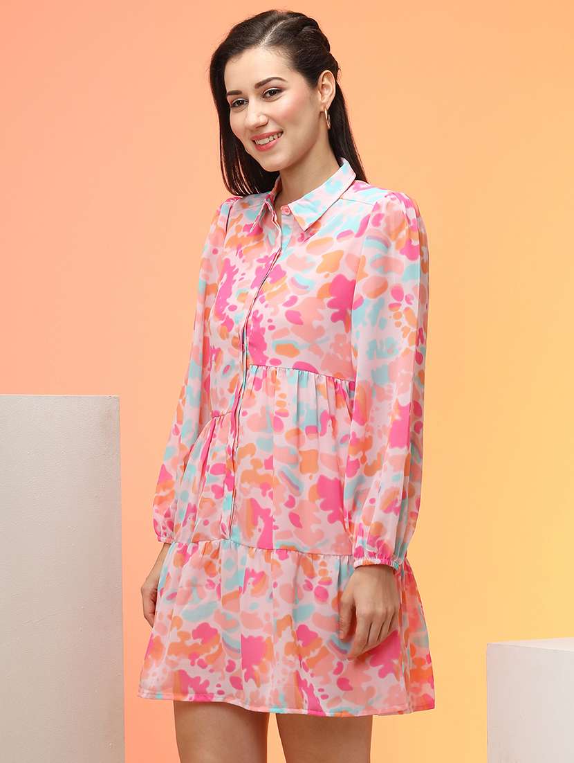 globus women pink abstract printed shirt collar bishop sleeves gathered a-line workwear dress - 21276180 - Standard Image - 1