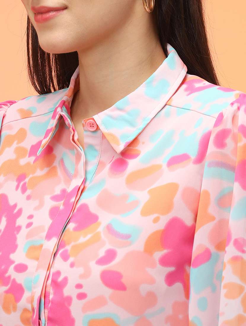 globus women pink abstract printed shirt collar bishop sleeves gathered a-line workwear dress - 21276180 - Standard Image - 4