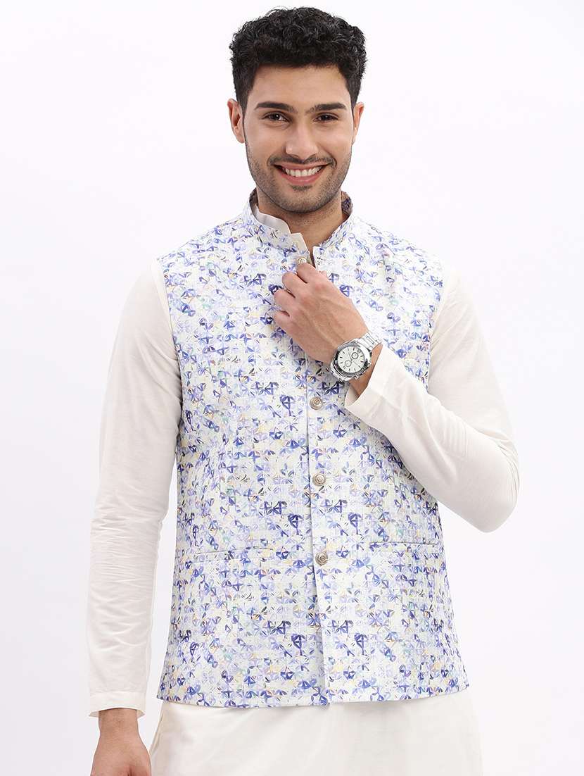 men mandarin neck printed nehru jacket