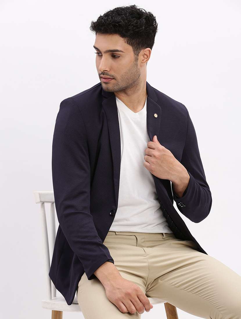 men's solid notched lapel navy blue single breasted blazer - 21276915 -  Standard Image - 1