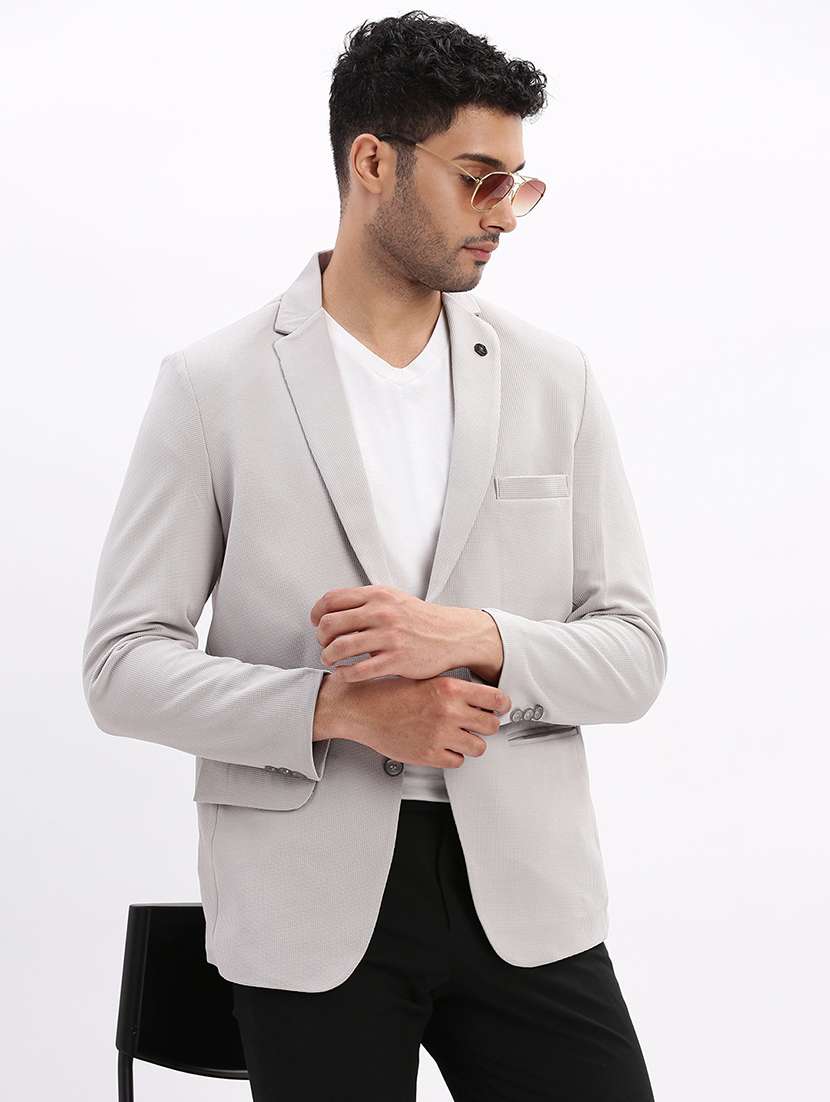 men's solid notched lapel grey single breasted blazer - 21276916 -  Standard Image - 1