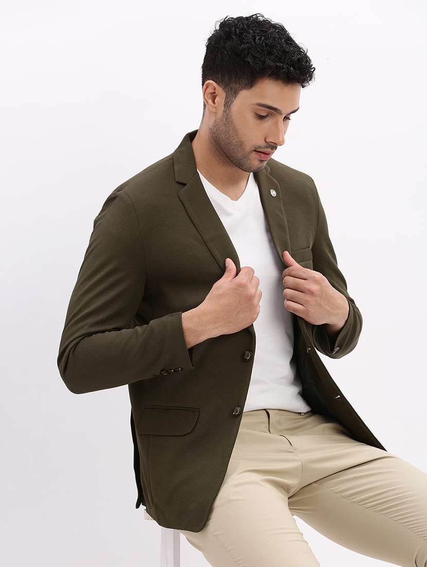 men's solid notched lapel olive single breasted blazer - 21276917 -  Standard Image - 1