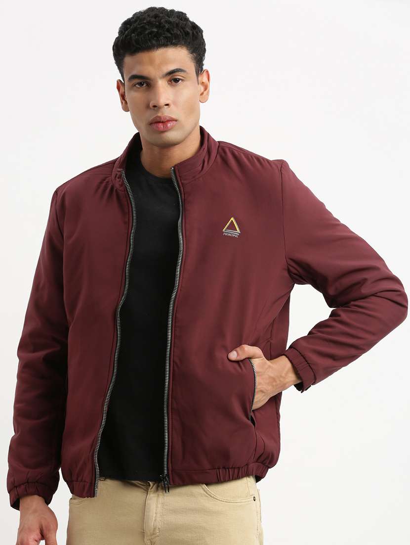 men maroon long sleeves bomber jackets