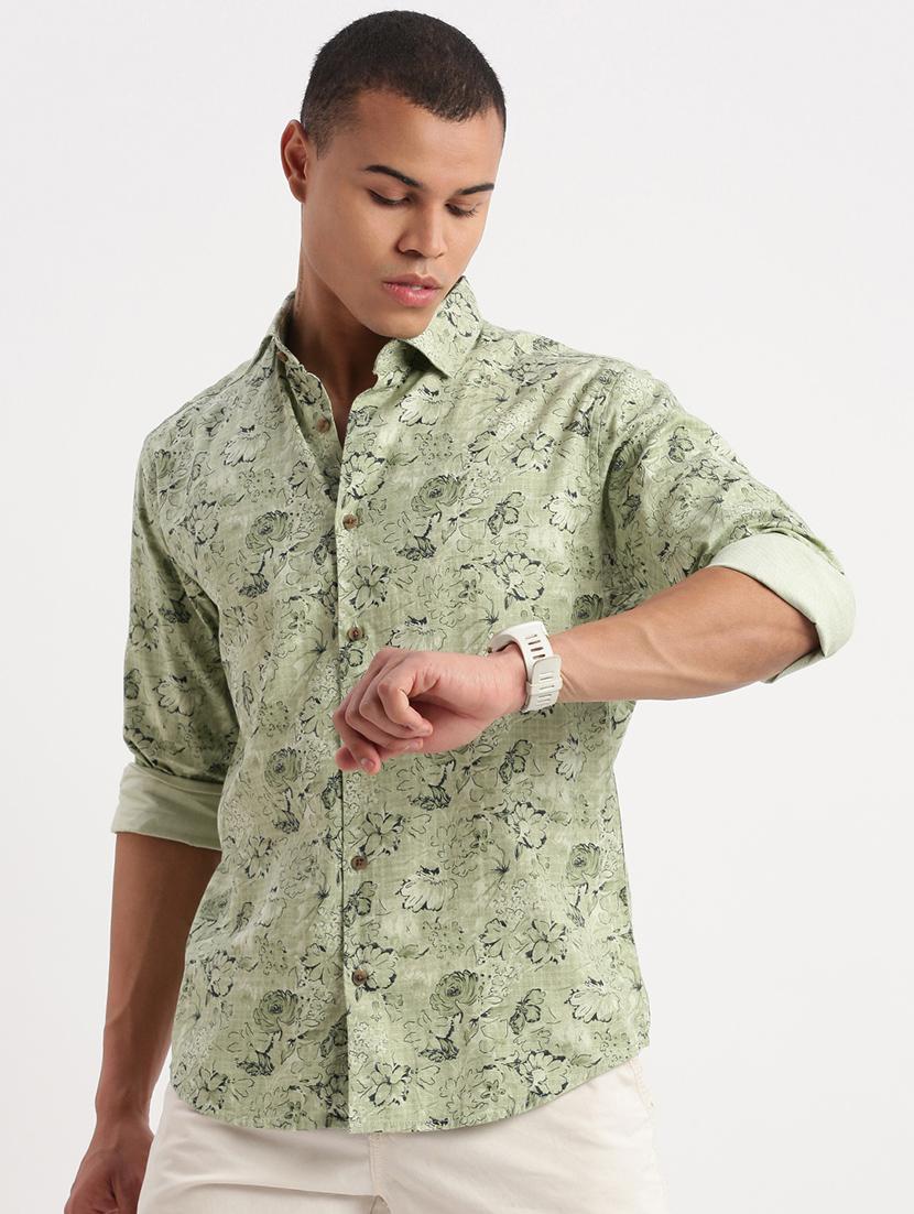 men neo mint regular fit floral printed casual shirt