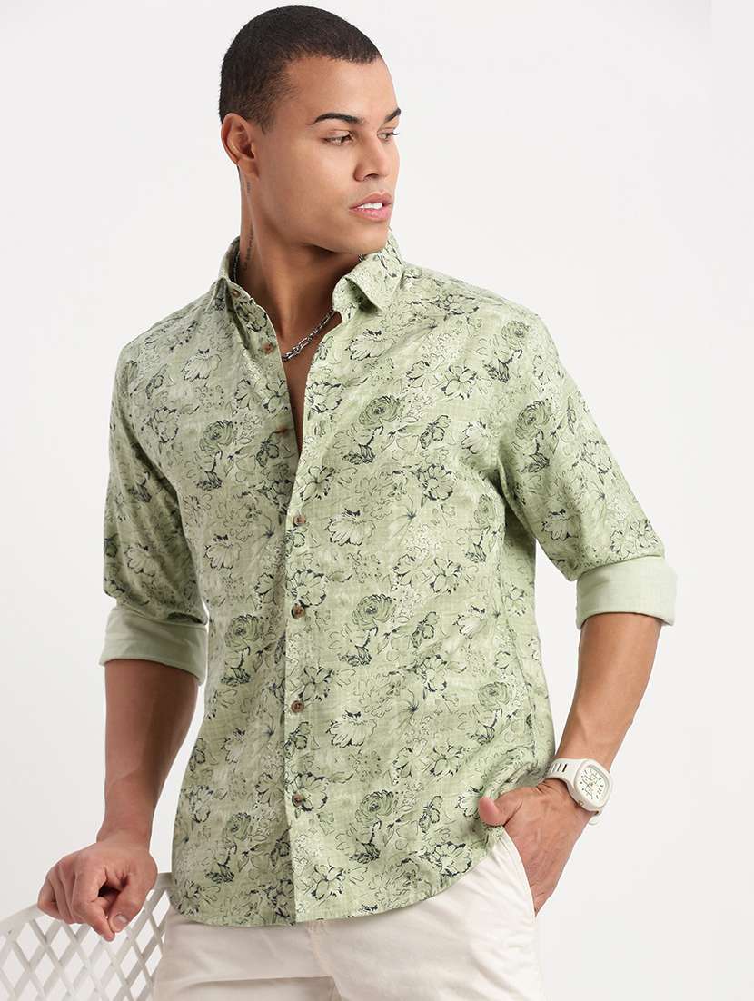 Men Neo Mint Regular Fit Floral Printed Casual Shirt