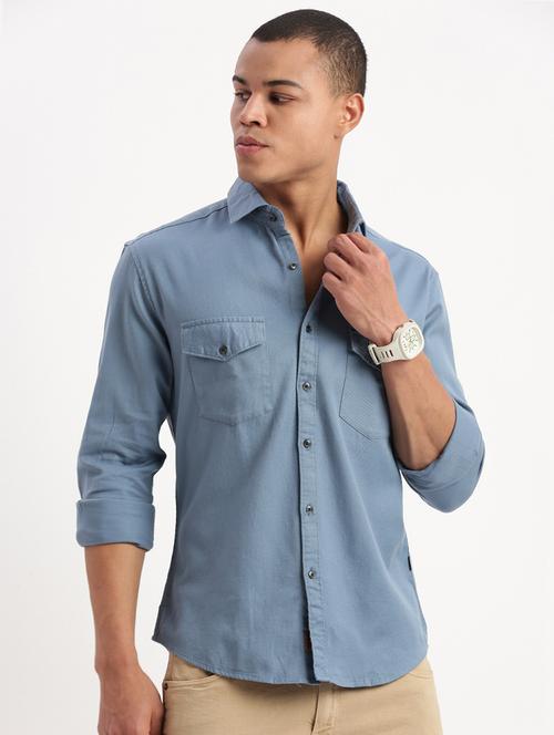 men light blue slim fit solid casual shirt with double pockets - 21277175 - Standard Image - 0