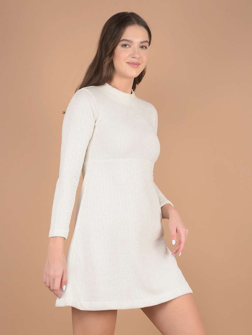 women off white high neck fit & flare dress