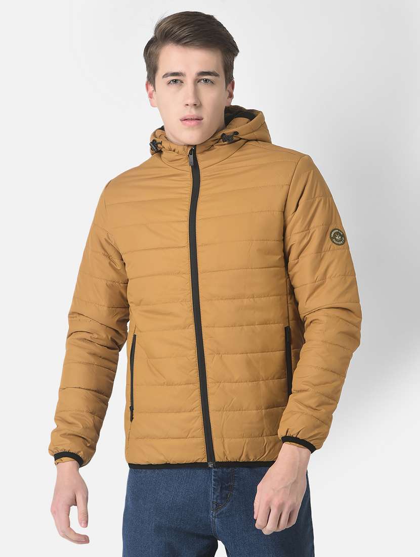 men mustard solid long sleeve quilted jacket
