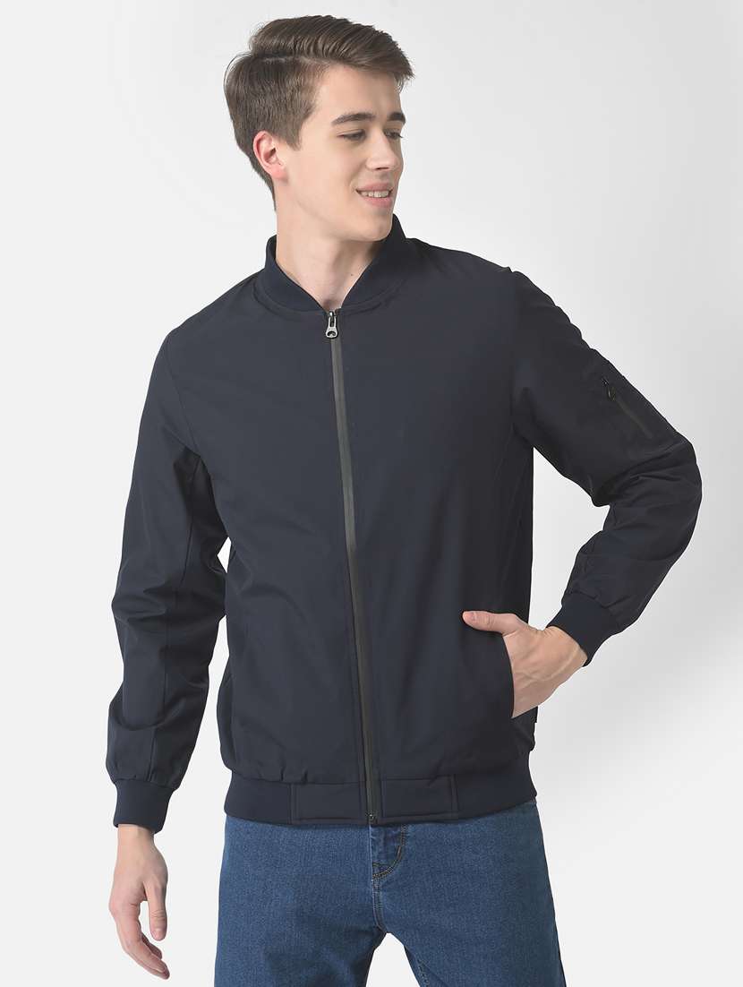 men navy blue solid casual jacket