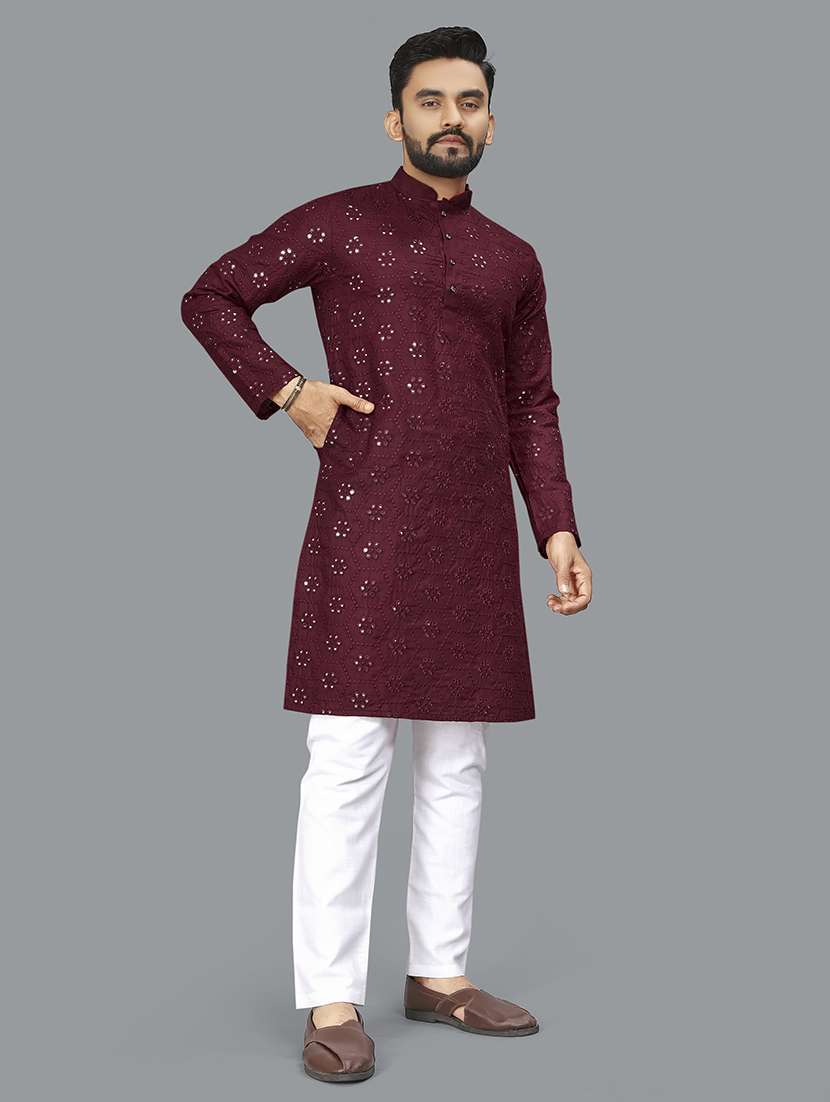 men long sleeve self-designed long kurta - 21277566 -  Standard Image - 1