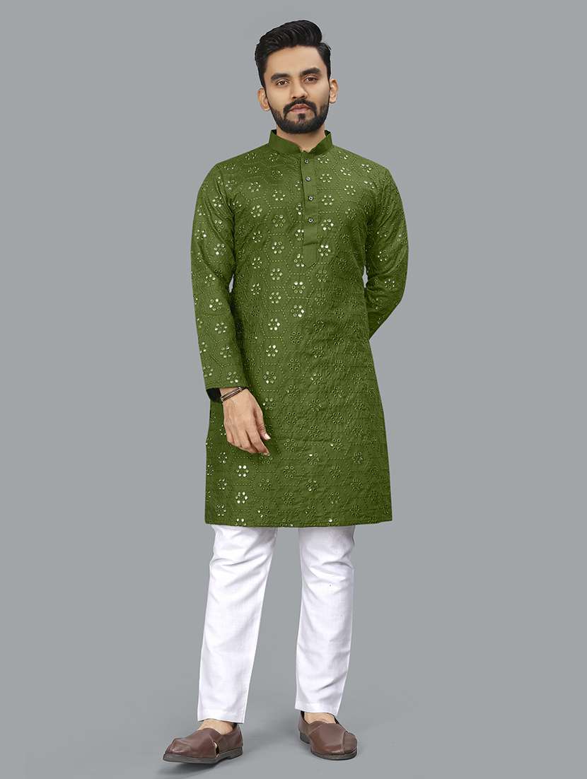 men mirror work mandarin neck long kurta