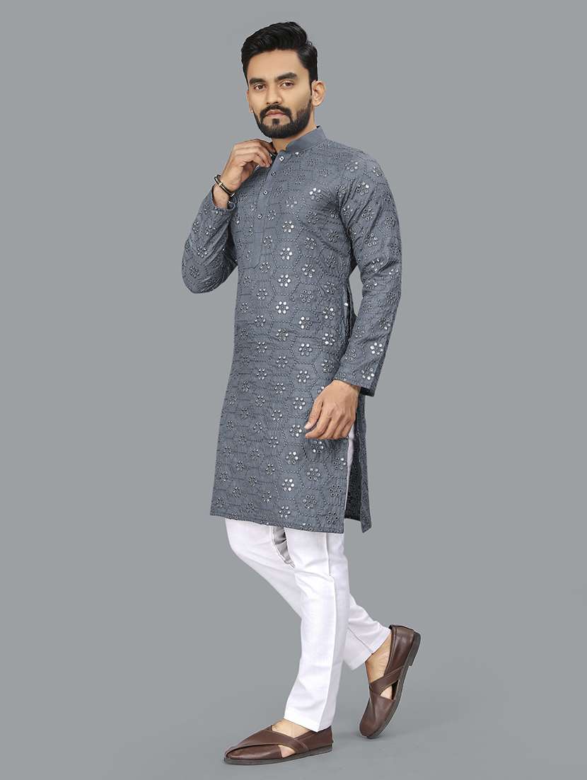 men mirror work mandarin neck long kurta - 21277572 -  Standard Image - 1