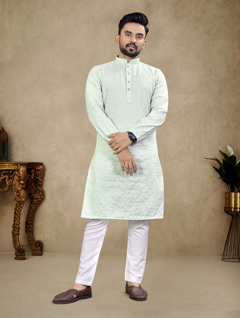 men long sleeve solid with work long kurta