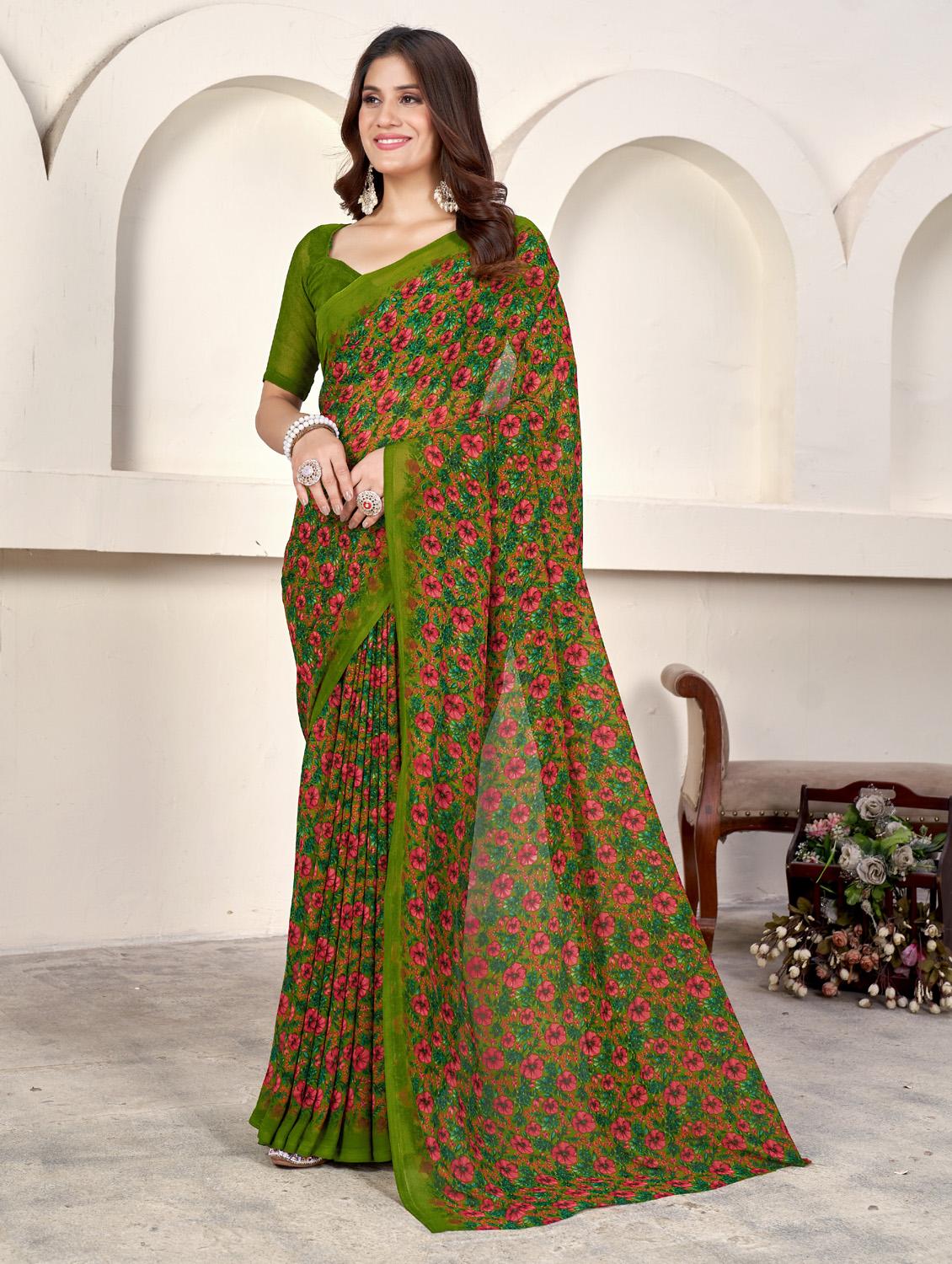 green georgette printed saree with blouse - 21278058 - Zoom Image - 0