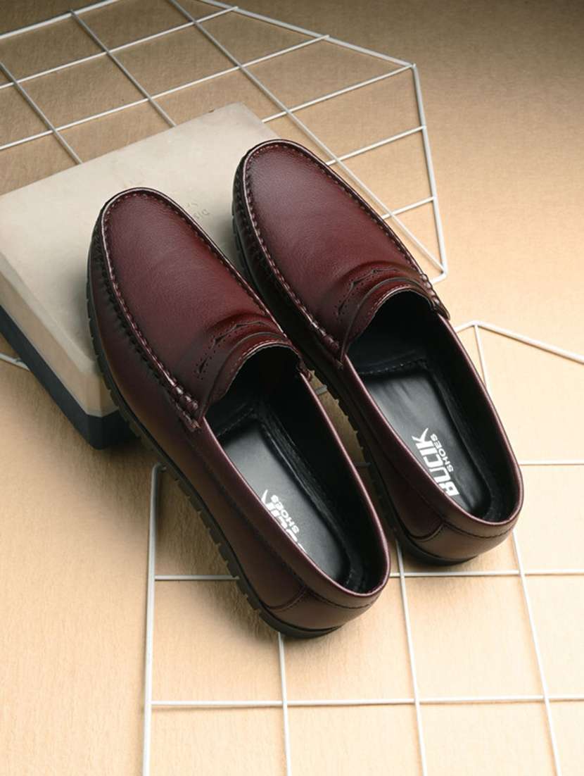 brown synthetic slip on loafers