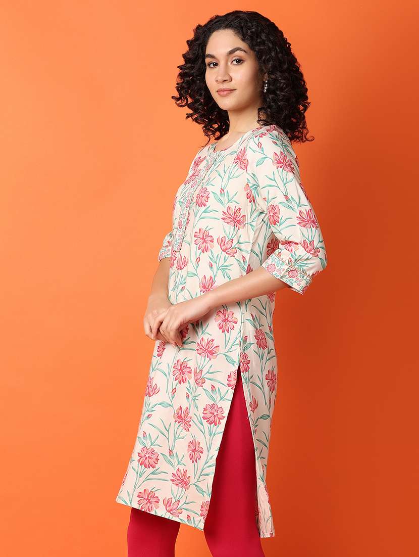 women floral three quarter sleeve straight kurta - 21278971 -  Standard Image - 1