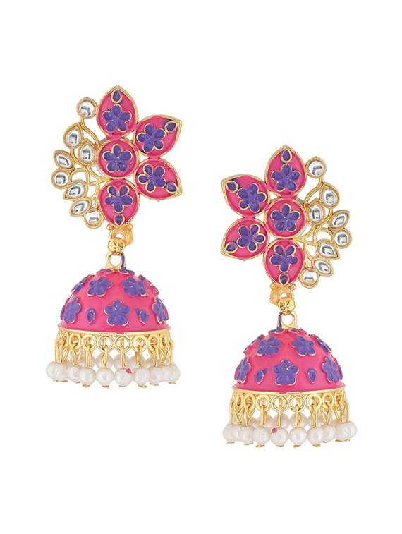 pink brass jhumka earrings - 21279391 -  Standard Image - 1