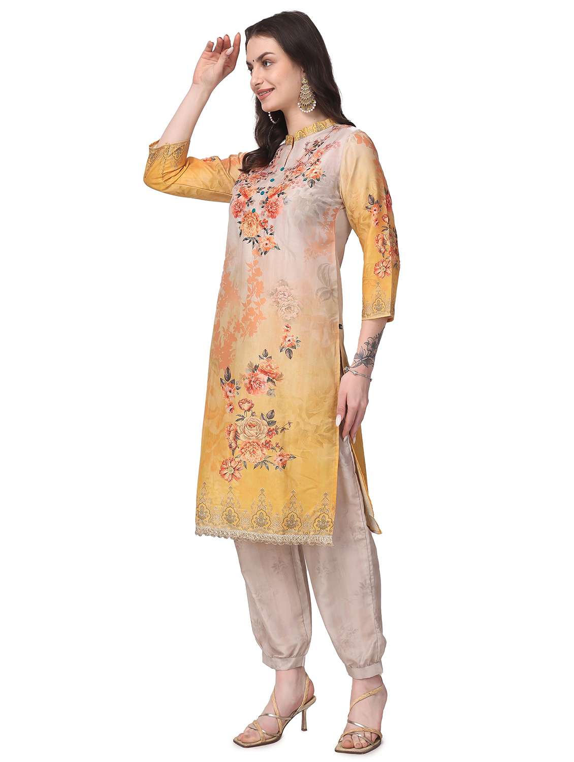 women three quarter sleeve kurta pant with dupatta set - 21279539 -  Standard Image - 1