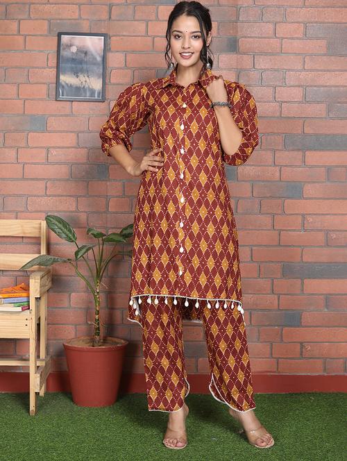women brown shirt collar kurta pant set - 21279550 - Standard Image - 0
