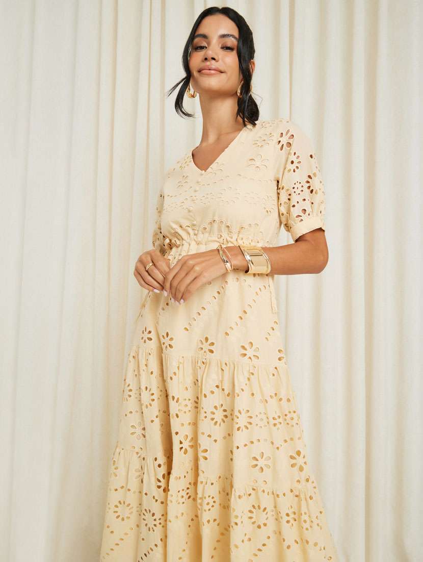 women solid puff sleeve schiffli tiered midi dress - 21281580 -  Standard Image - 1