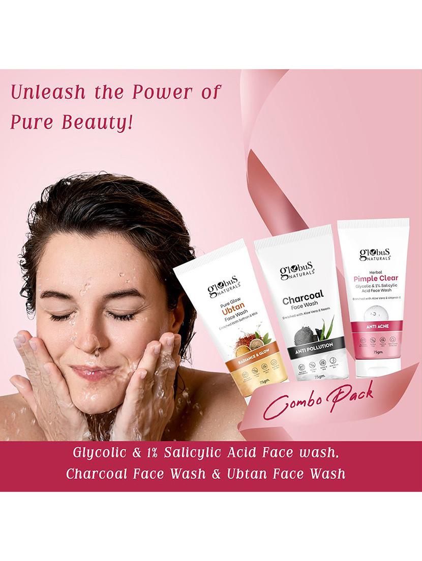 globus naturals face wash combo - set of 3, glycolic & 1% salicylic acid face wash, charcoal face wash & ubtan face wash, 225 gm - 21281721 - Standard Image - 1