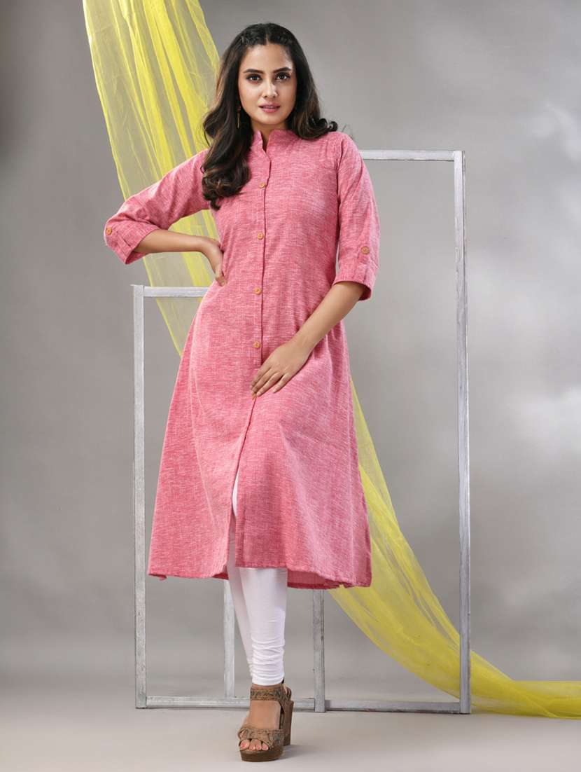 women pink cotton a-line kurta