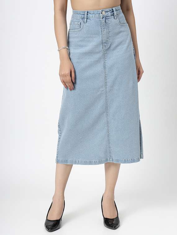 light blue cotton blend denim skirt