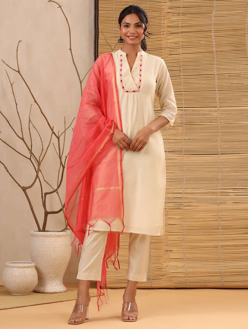 beige embroidered suit set