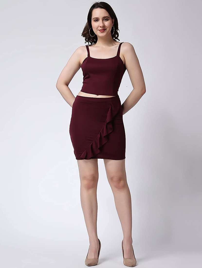 maroon lycra blend top & skirt co-ord set