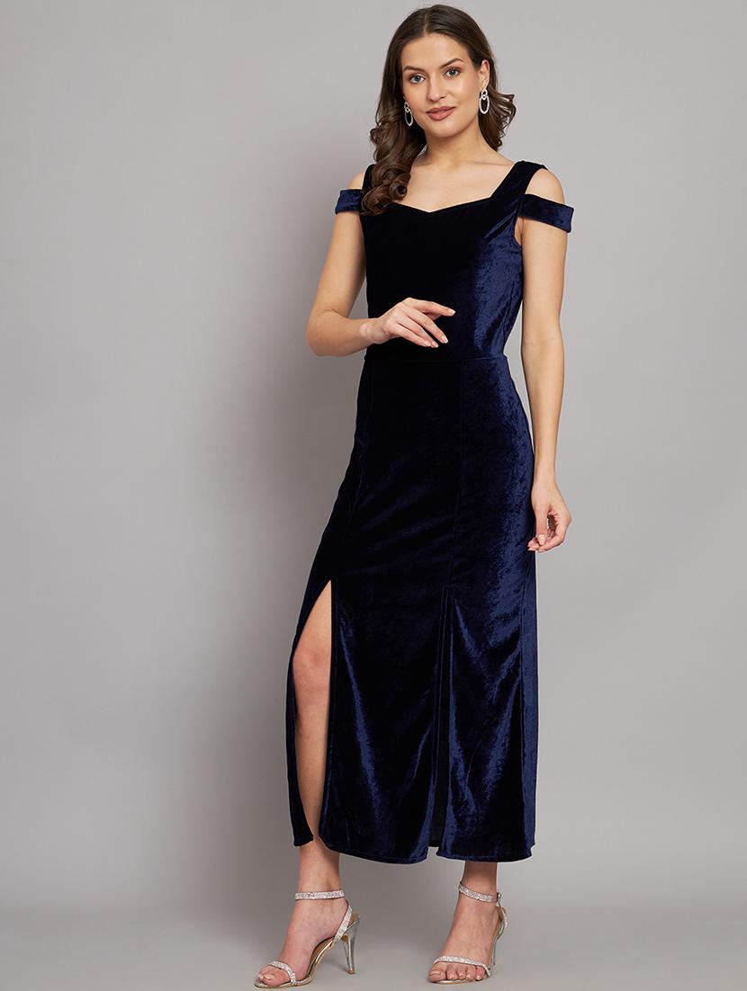 navy blue velvet a-line dress - 21286011 - Standard Image - 1