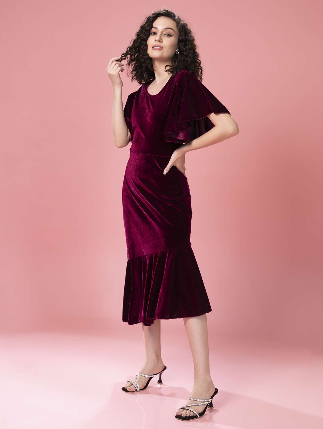 women solid ruffled bodycon dress