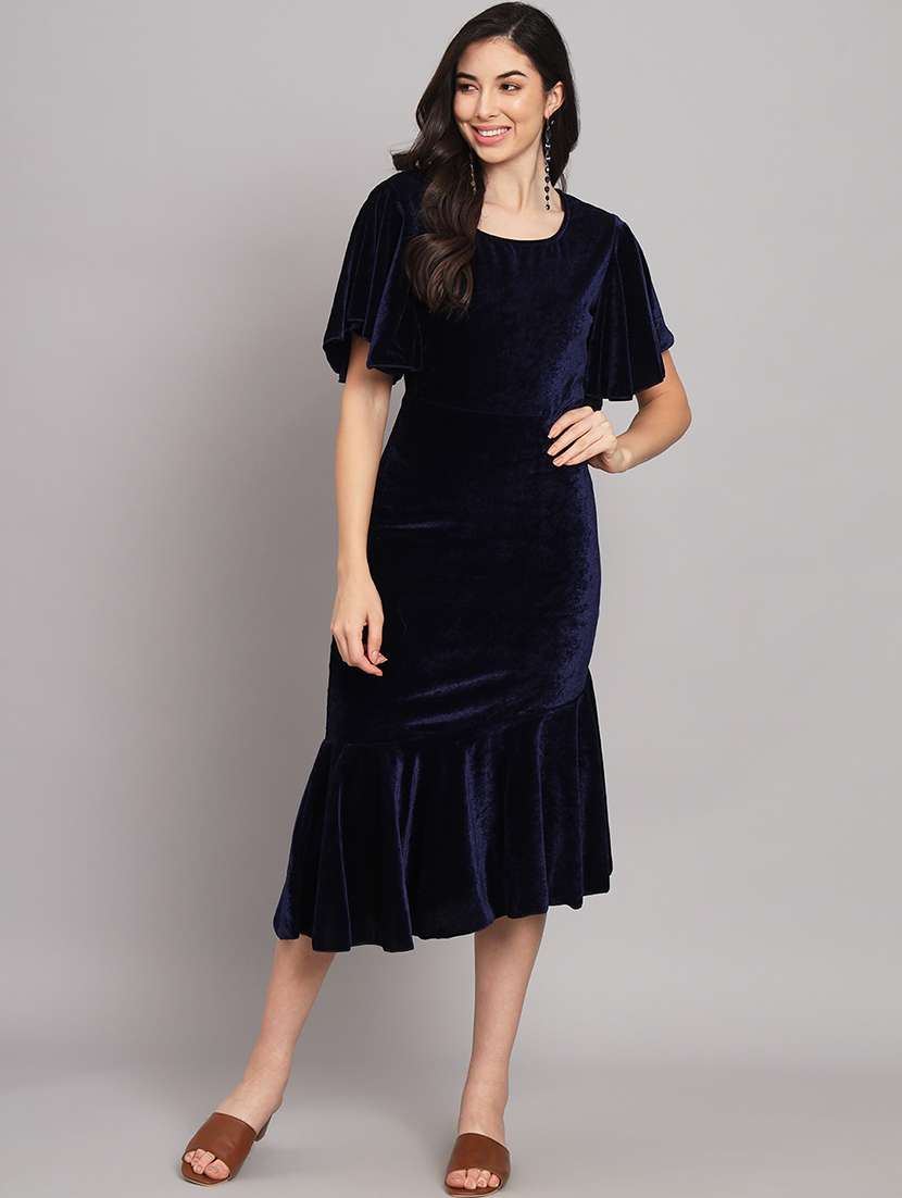 women navy blue velvet asymmetric dress