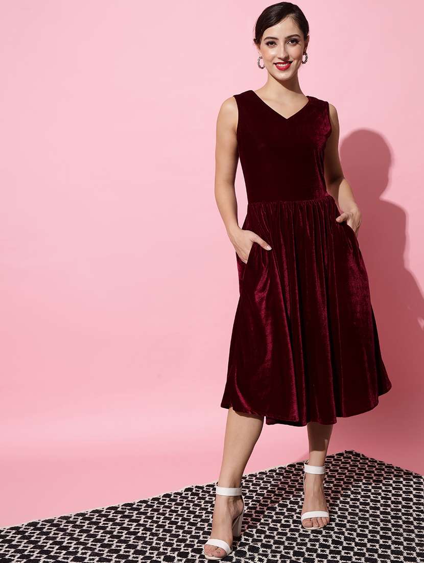 women maroon velvet fit & flare dress