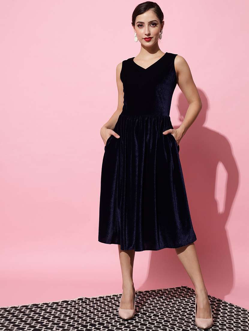 women navy blue velvet fit & flare dress