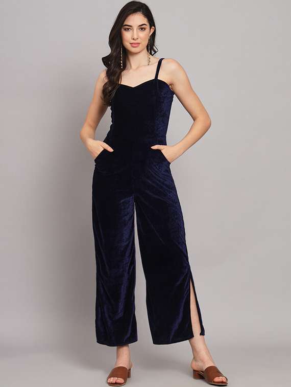 women navy blue velvet full leg jumpsuit