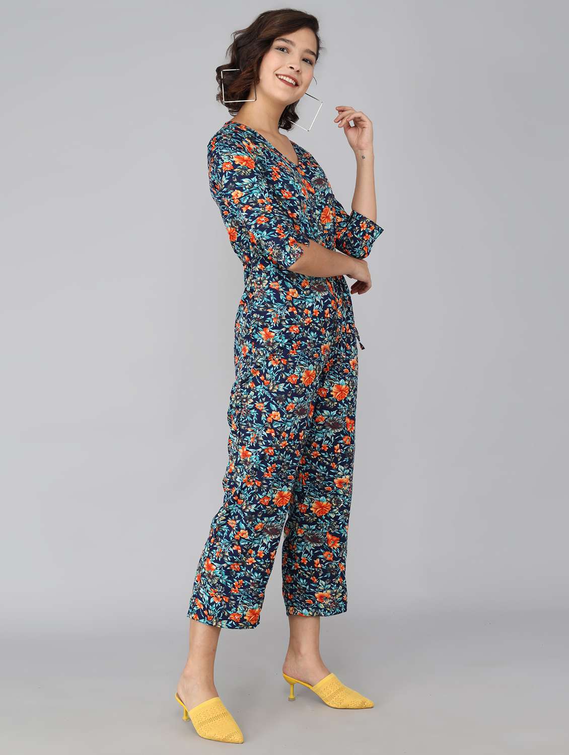women blue printed crepe full leg jumpsuit - 21286701 -  Standard Image - 1